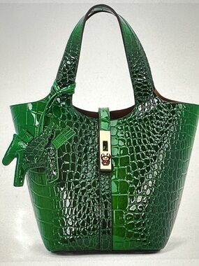 Green Croc-Embossed Patent Leather Tote Bag
